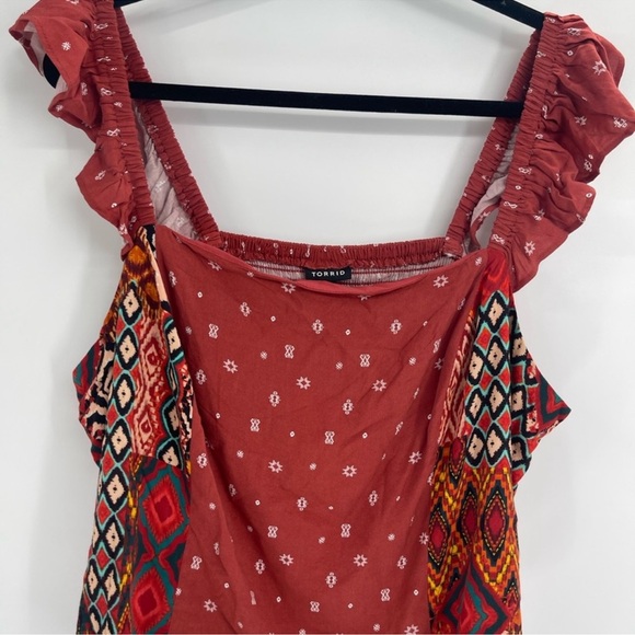 NWT Torrid Challis Smocked Ruffle Trim Crop Red Boho Tank Top size 3X - Picture 4 of 9